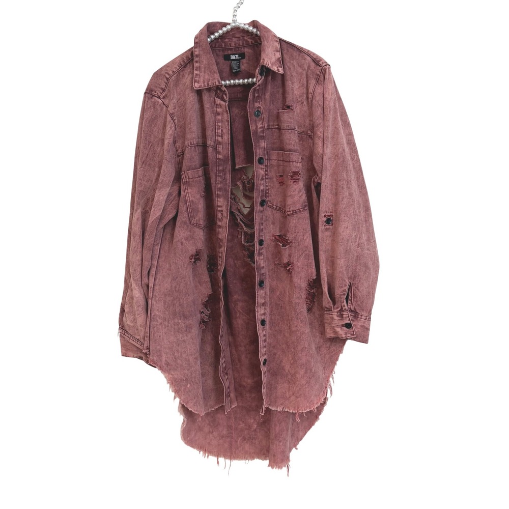 DAZL Womens Acid Washed Distressed Denim Button Down Jacket  High Low Shacket 2X